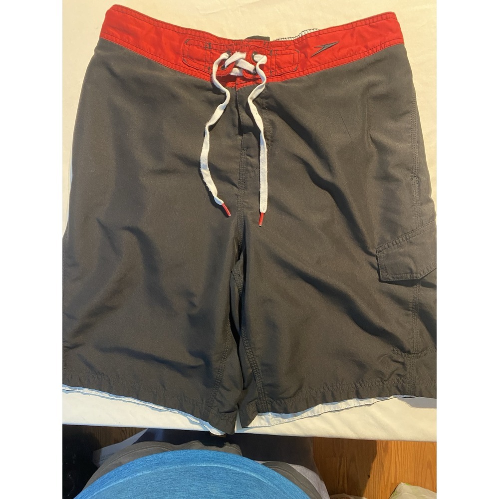 Speedo Men's‎ Size L Black Red Swim Trunks Active Lined Board Shorts Snap Pocket